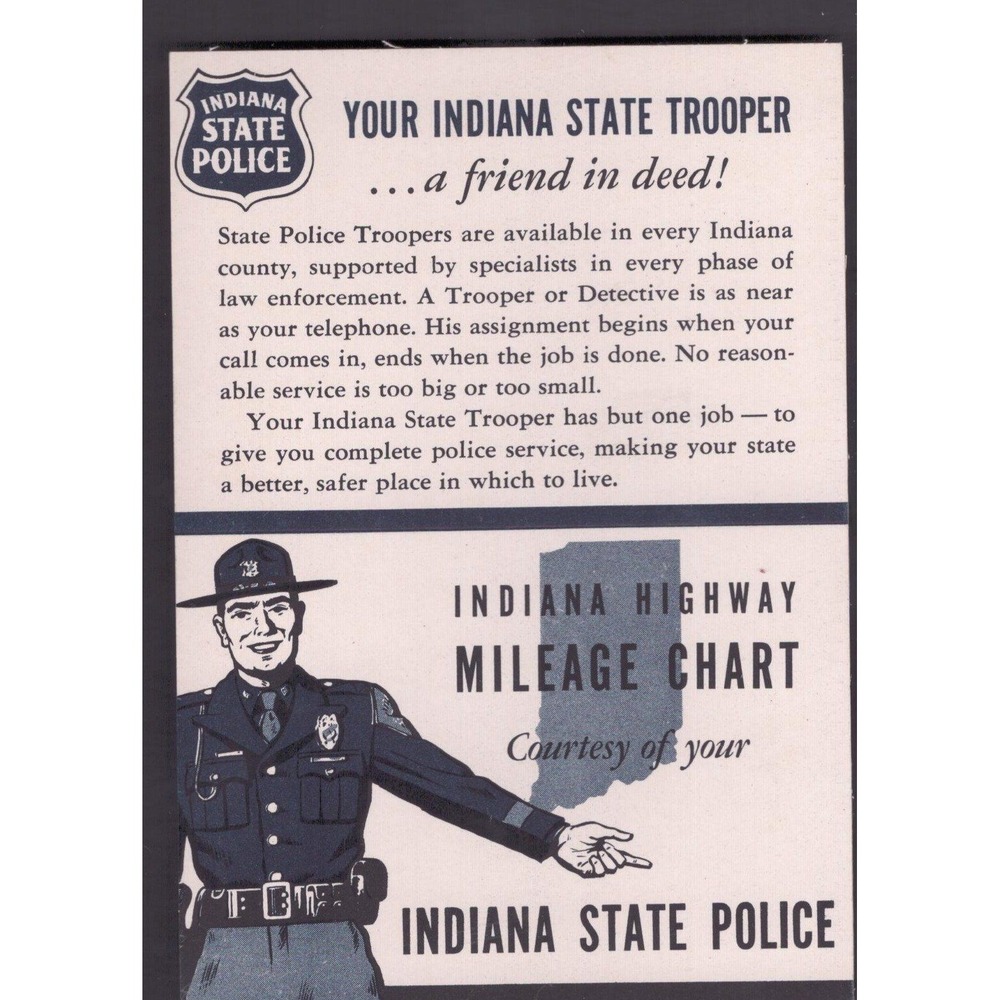Vintage Indiana State Police Highway Mileage Chart Trooper Illustration Card